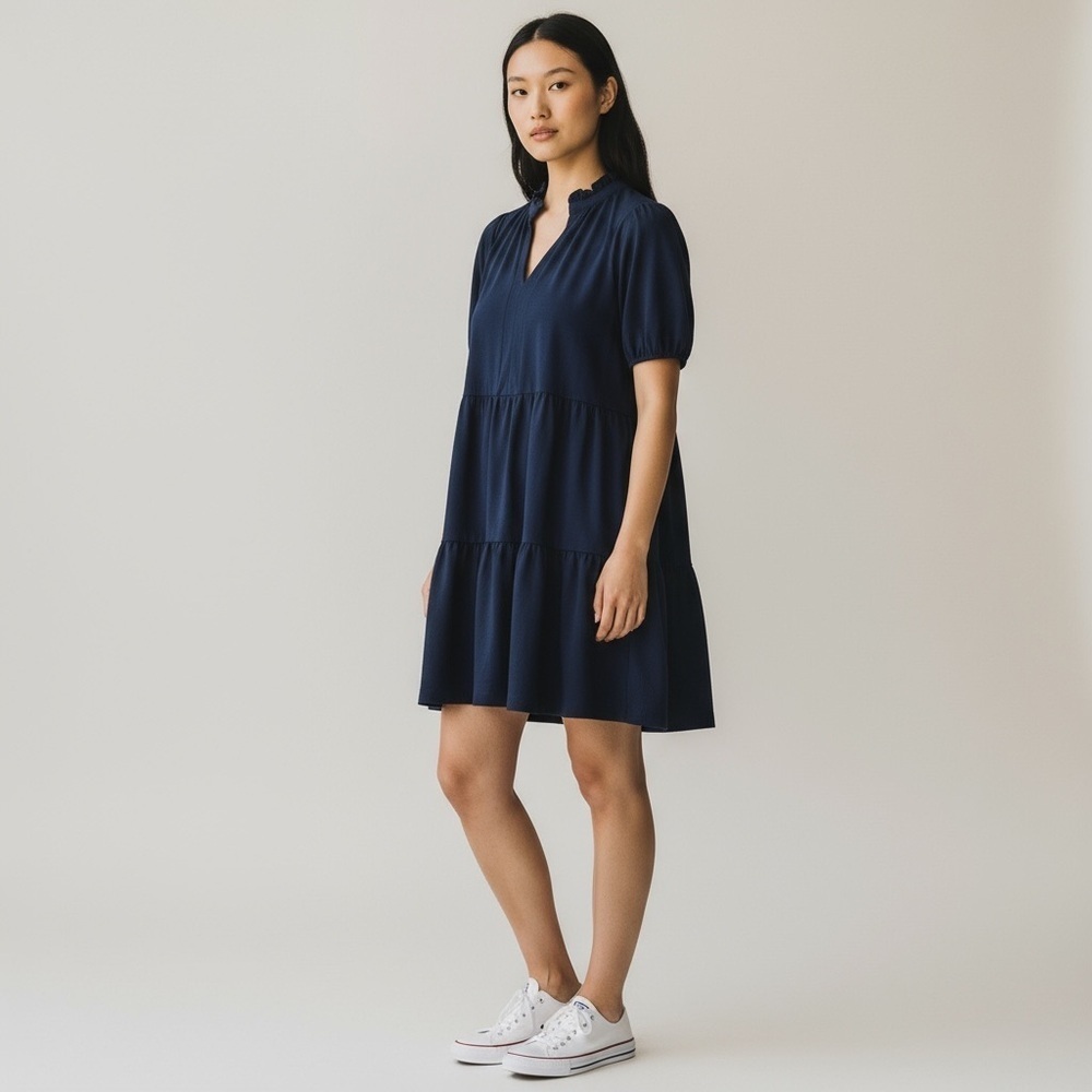 MSK Navy V-neck Tiered Baby Doll Mini Dress, Petite Large